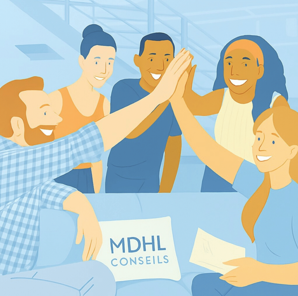 Des membres d'une équipe se tapent dans la main en souriant lors d'un séminaire d'entreprise