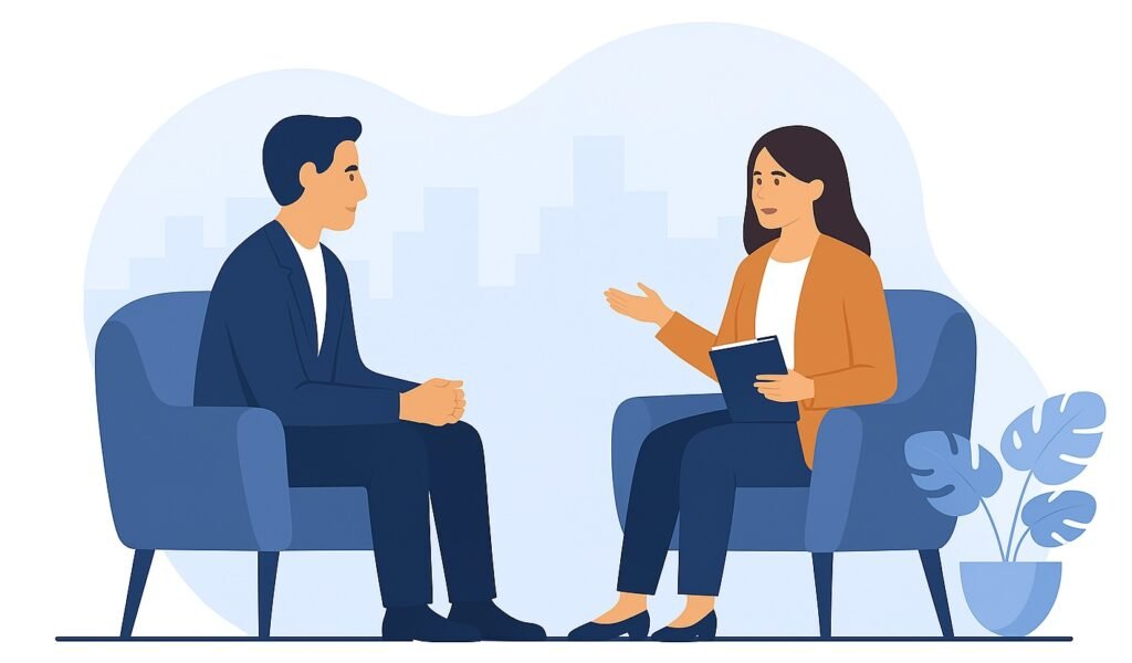 illustration coaching professionnel une consultante rh se tient face à un dirigeant un carnet à la main