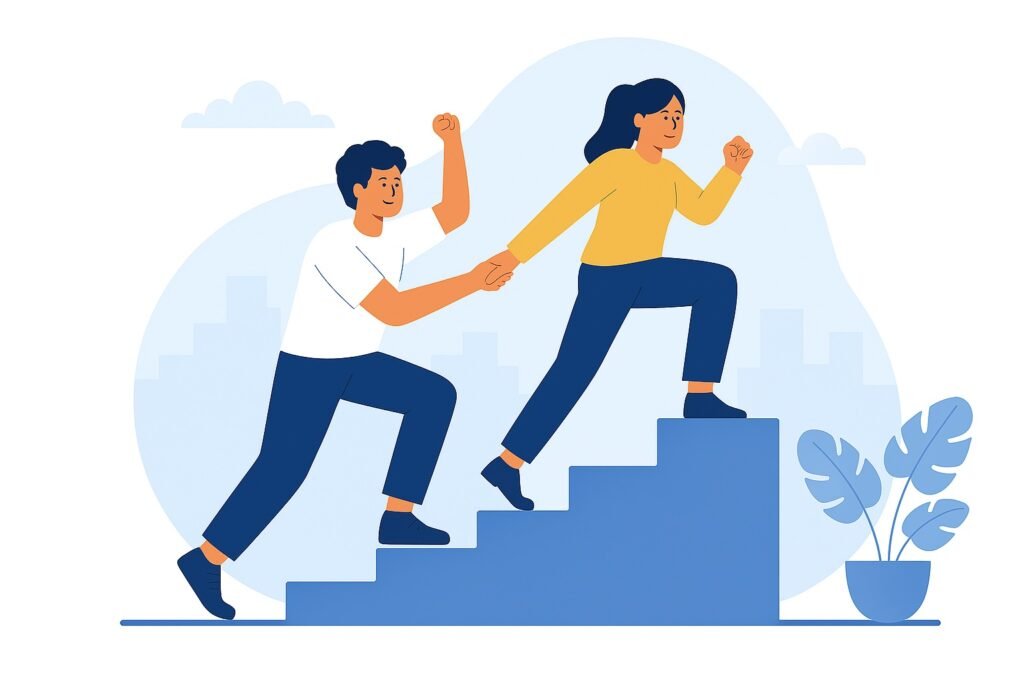 Améliorer la croissance grâce aux RH Un coach professionnel aide un professionnel à grimper les marches d'un escalier