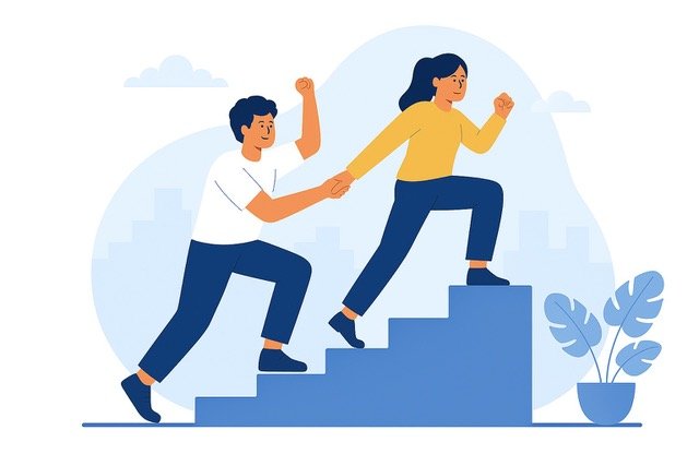 femme qui tire un homme vers le haut depuis des escaliers pour illustrer le coaching professionnel